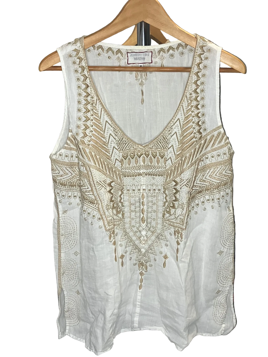 Johnny Was Workshop Embroidered Ramie Tank Top Ivory Gold Boho Size M