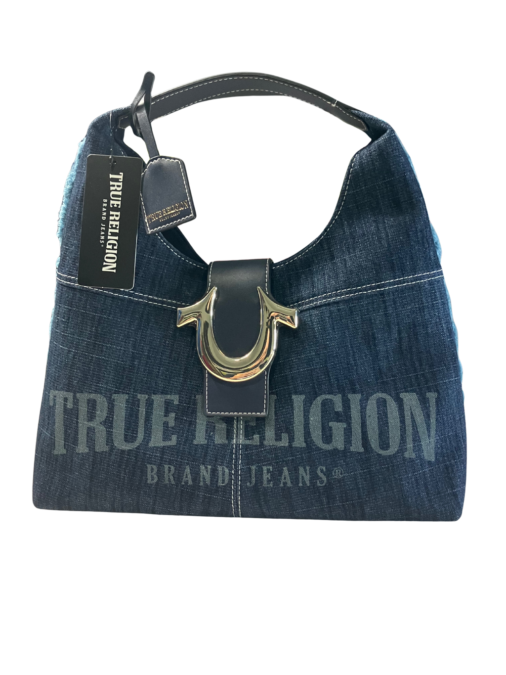 True Religion Brand Jeans Denim Hobo Handbag Horseshoe Hardware Dark Blue