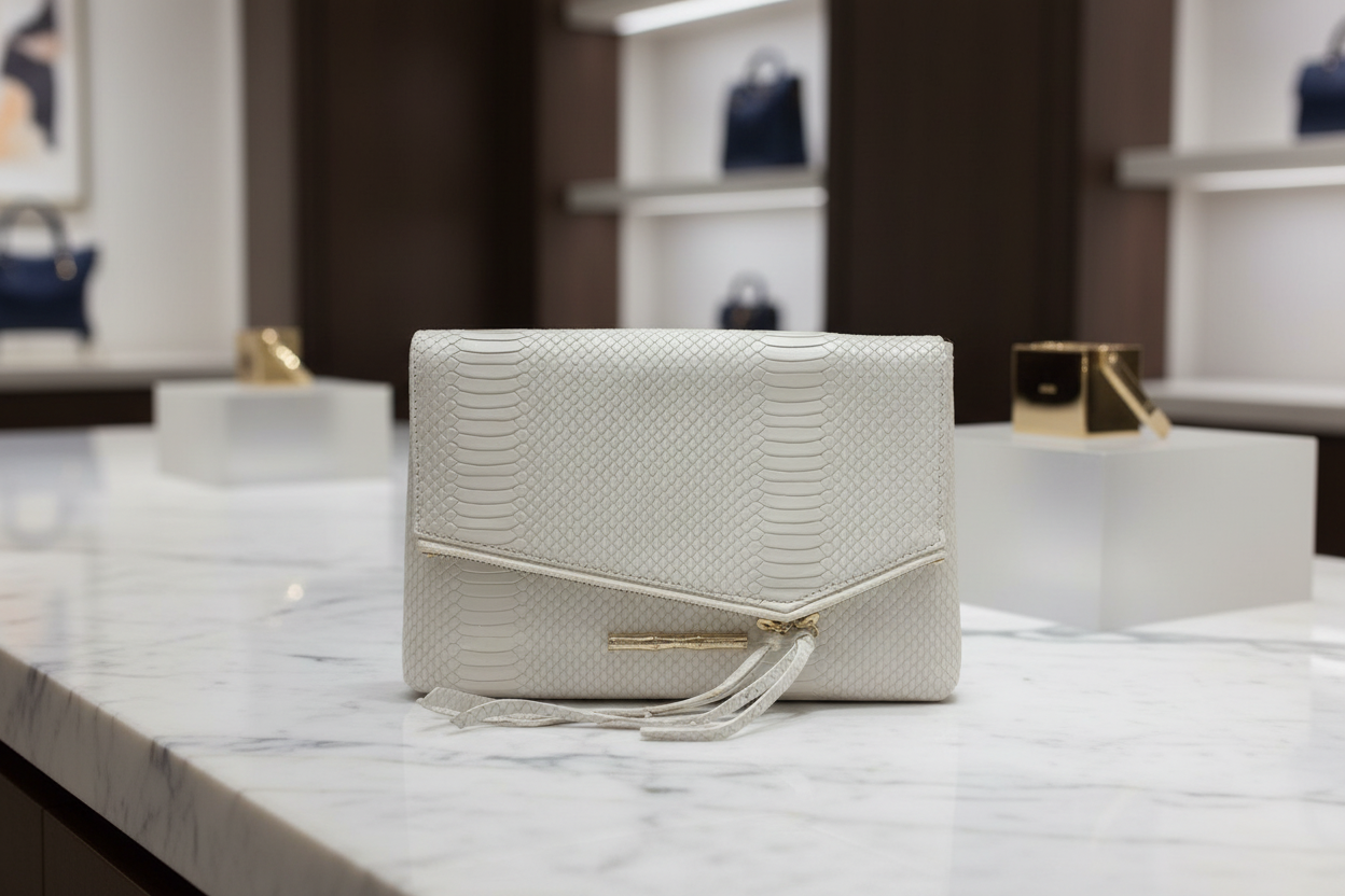 Elaine Turner White Snake-Embossed Envelope Clutch – Gold Hardware – NWT