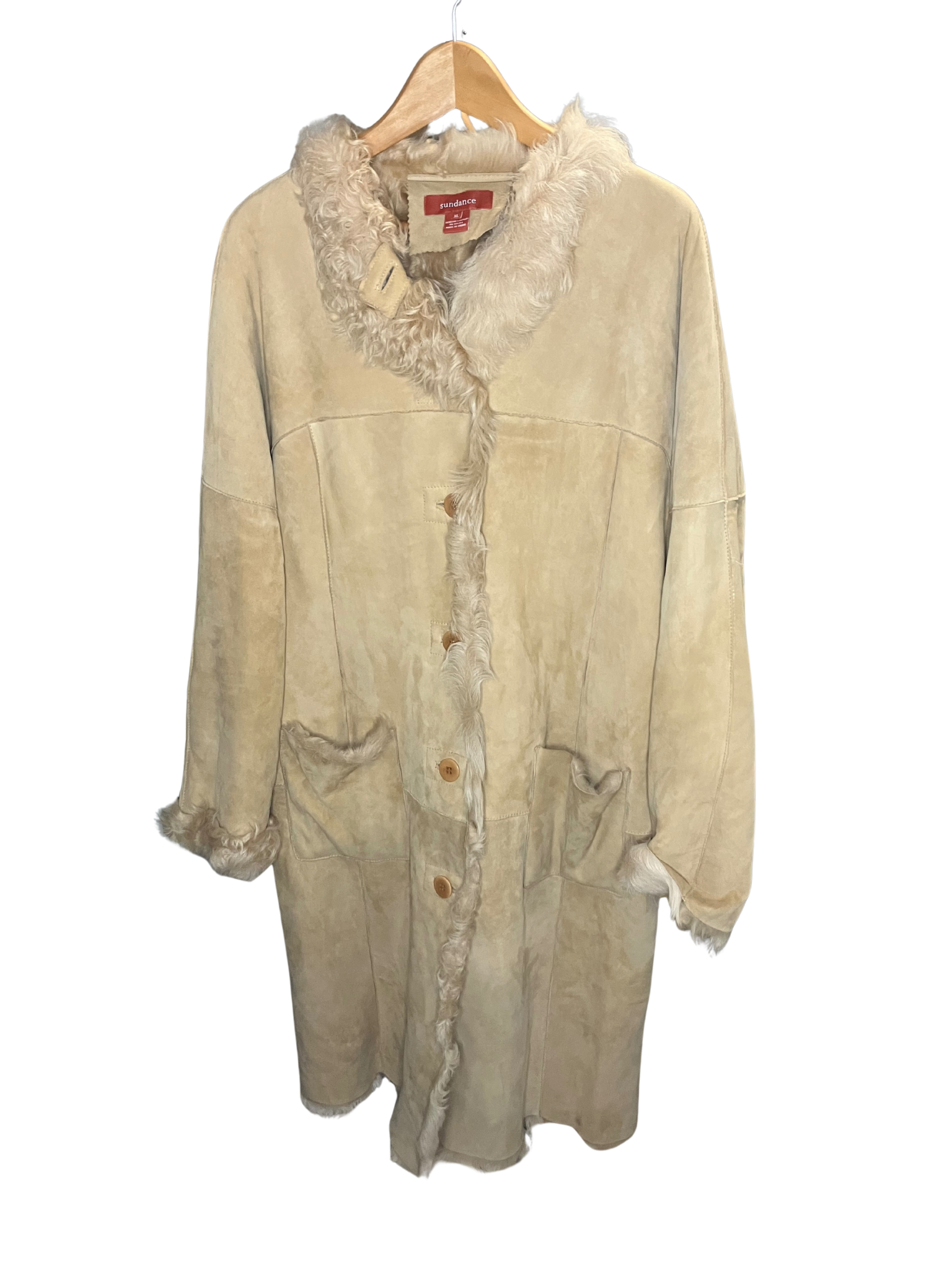 Sundance Suede Shearling Coat Beige Bohemian Button Front Size XL