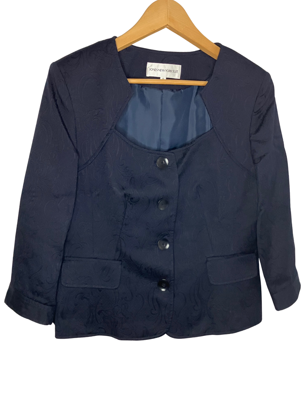 Jones New York Suit Navy Blue Jacquard Blazer 3/4 Sleeve Scoop Neck Size 10