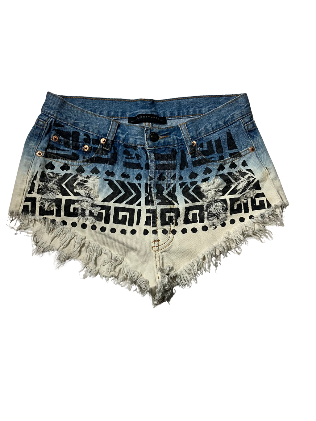 Signature Tribal Print Ombré Denim Cutoff Shorts - Blue Cream Frayed