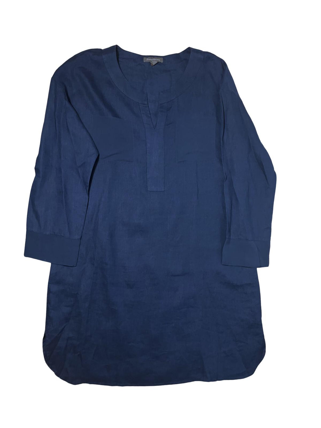 Tommy Bahama — Dress | 100% linen with silk trim, navy split-neck tunic · Sz XL