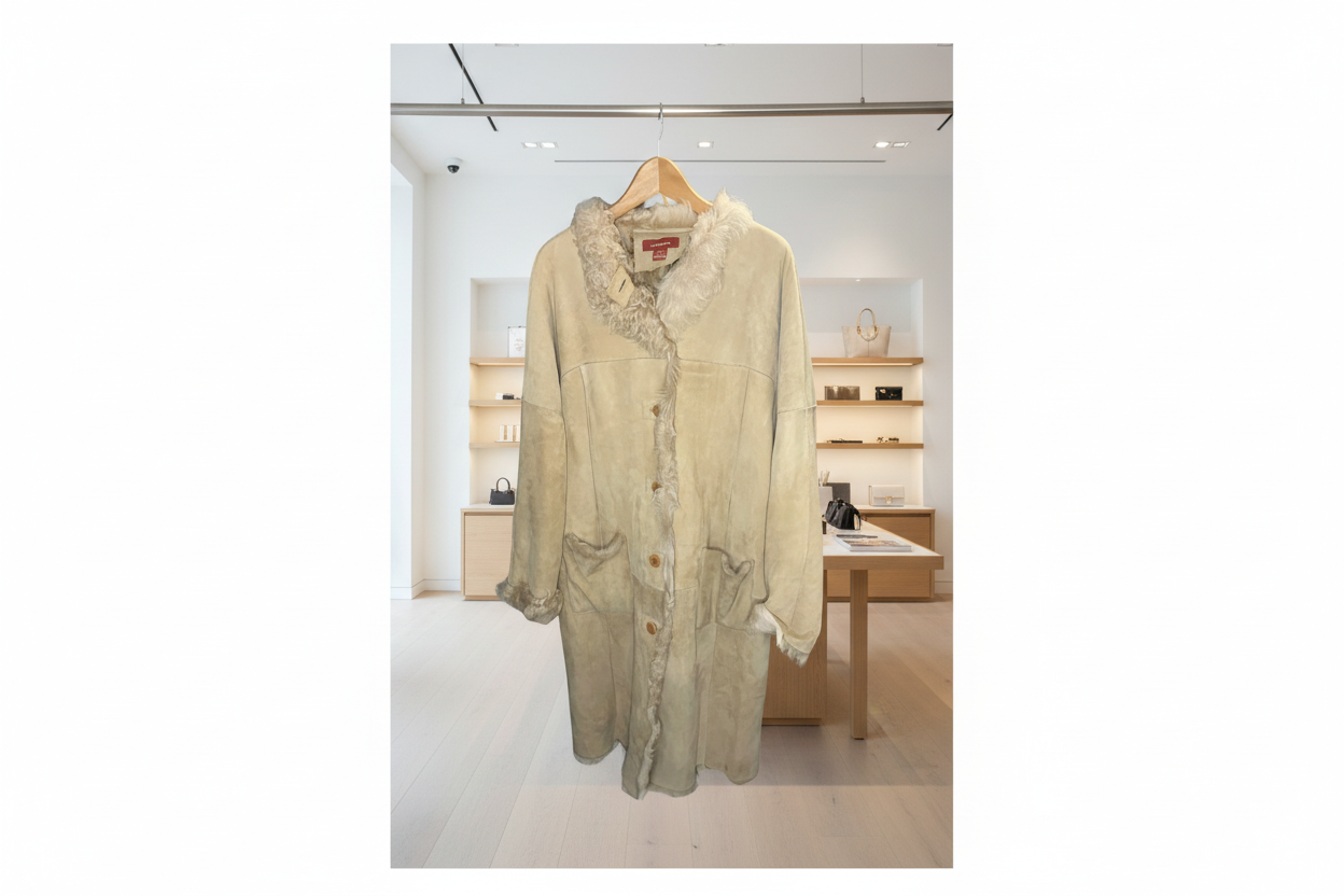 Sundance Suede Shearling Coat Beige Bohemian Button Front Size XL