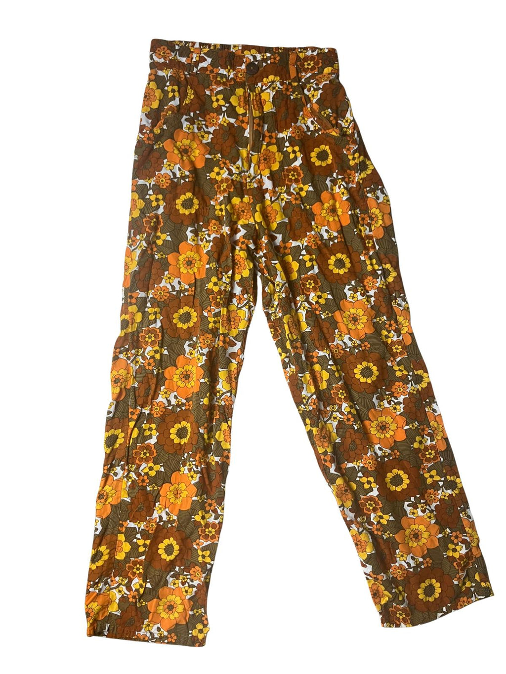 Her Pony — Wide-Leg Pants | 1970s retro floral, 100% rayon · Sz 6