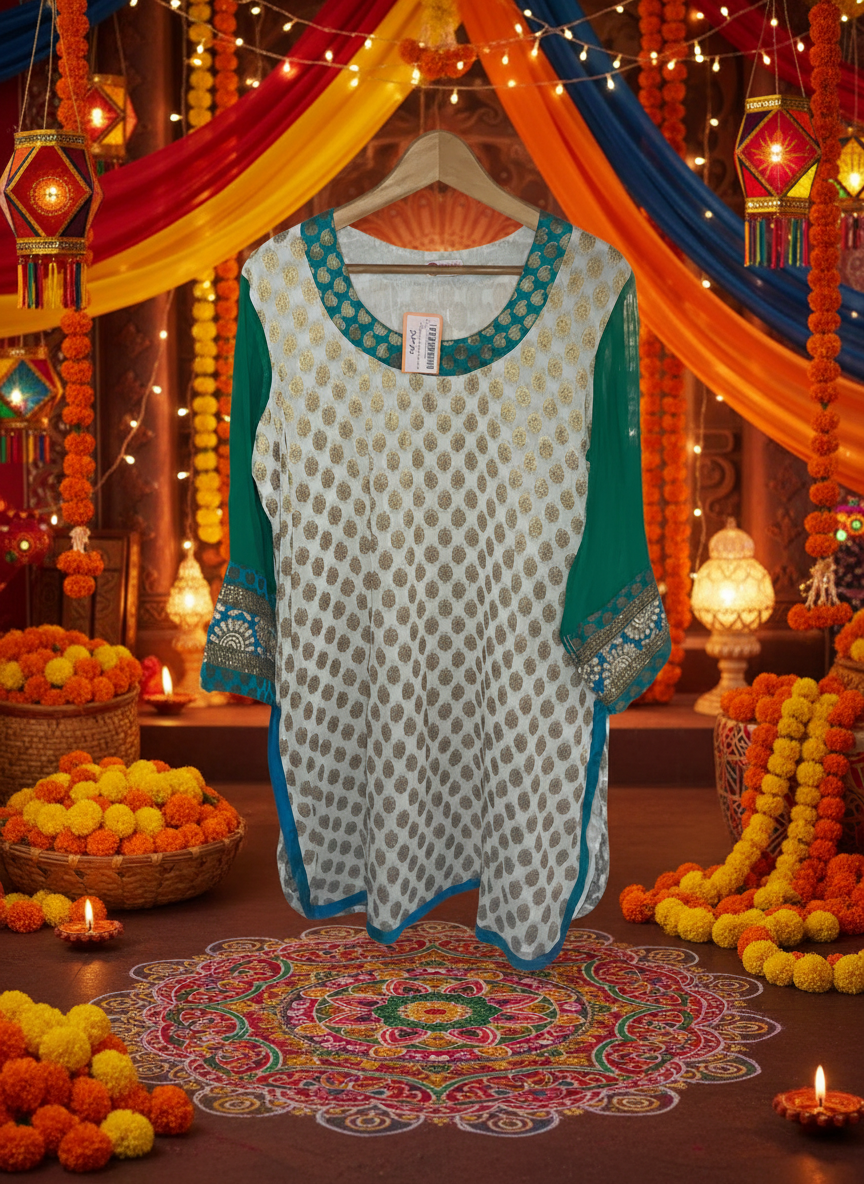 Fuchsia Designs Embroidered Kurta Tunic XXL White Teal Gold Brocade NWT