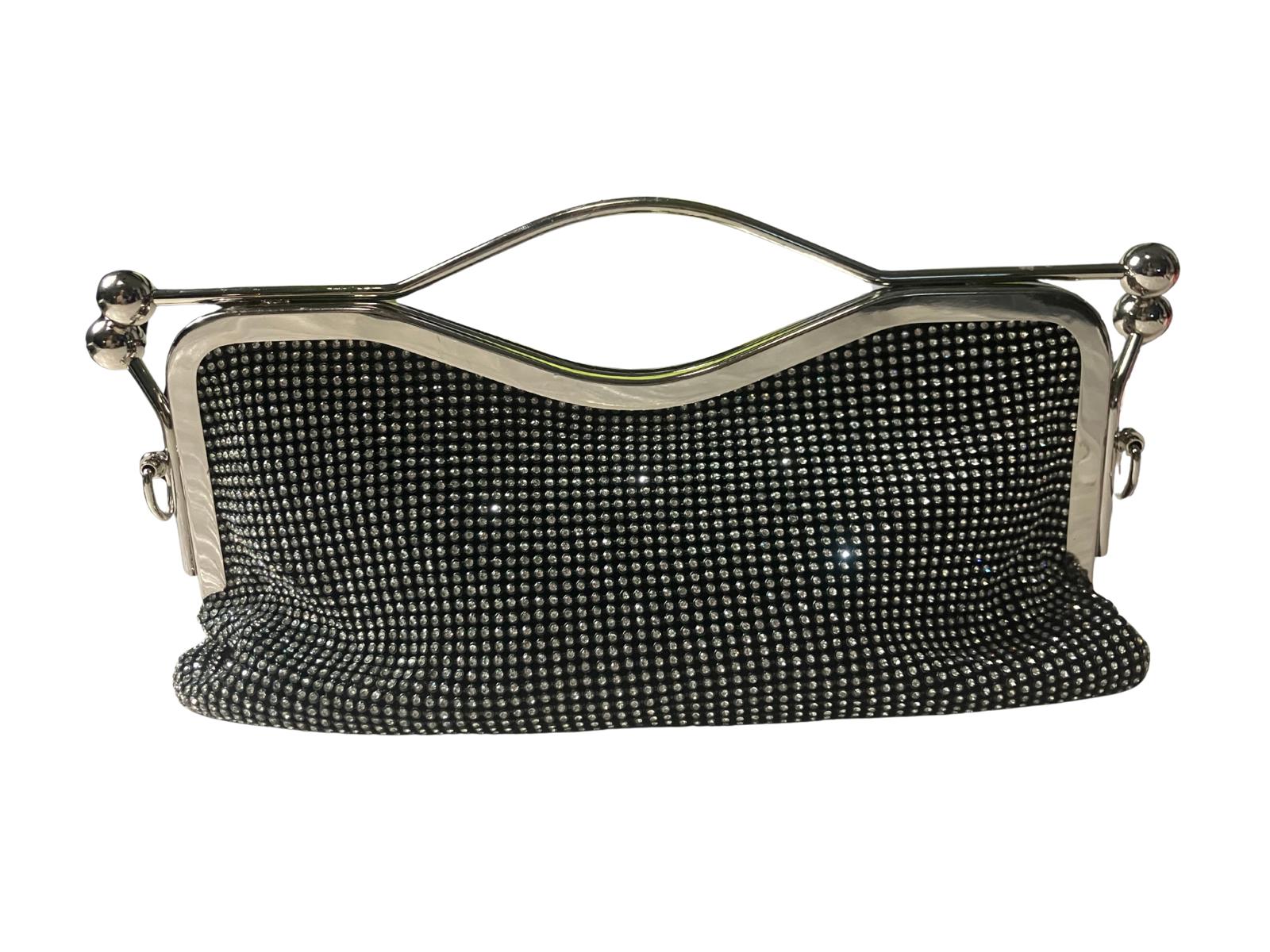 Black Rhinestone Evening Clutch Bag with Silver Frame