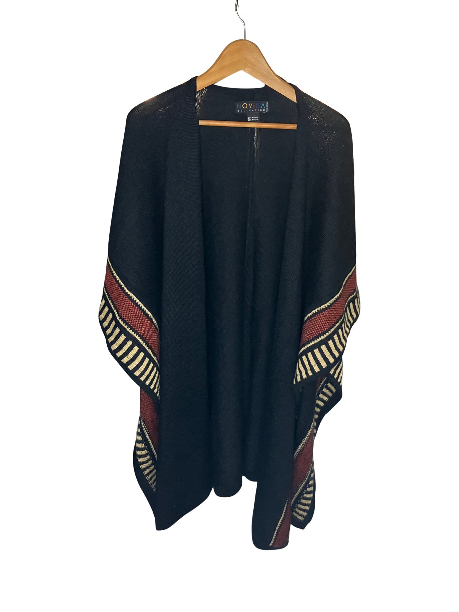 NOVICA Alpaca Blend Poncho Handmade Peru Black Terracotta Geometric One Size