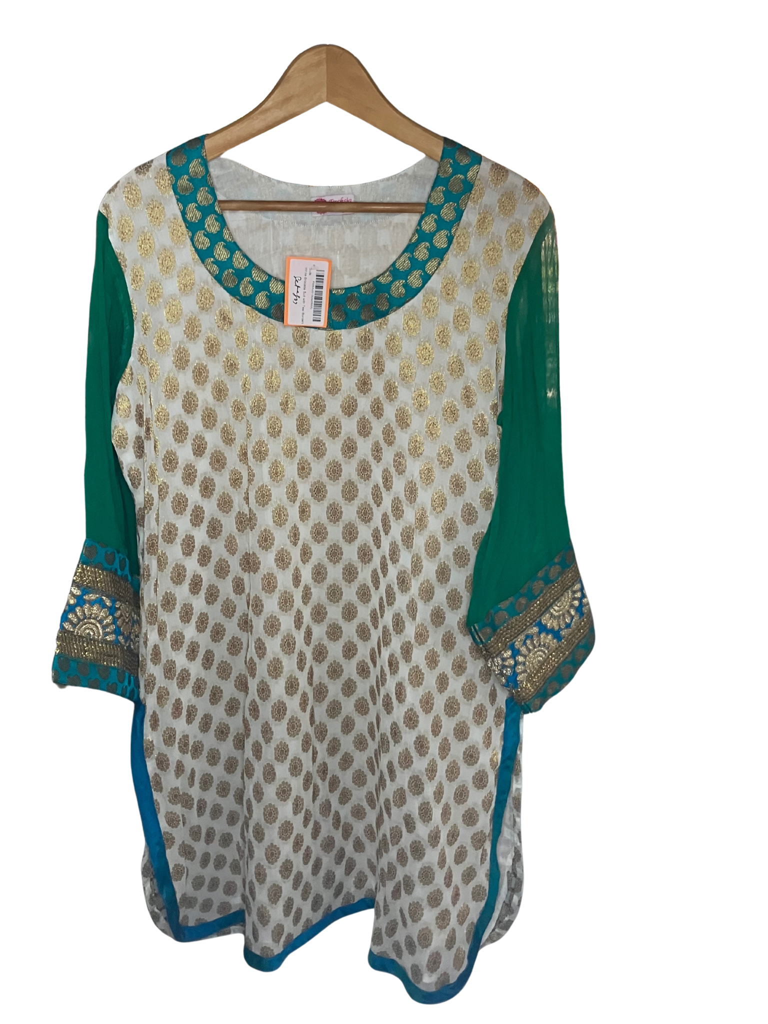 Fuchsia Designs Embroidered Kurta Tunic XXL White Teal Gold Brocade NWT