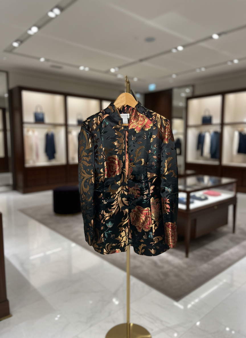 Soft Surroundings Brocade Mandarin Jacket Black Gold Floral XL Oriental