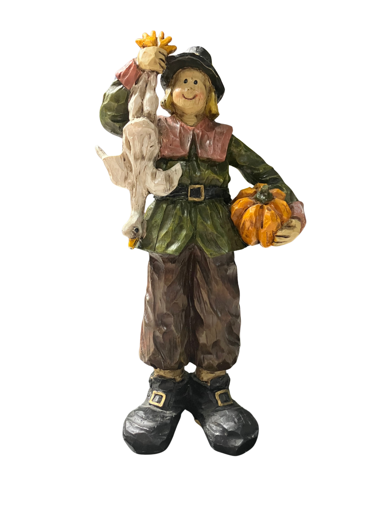 Vintage Thanksgiving Pilgrim Figurine with Goose & Pumpkin - 9" Resin