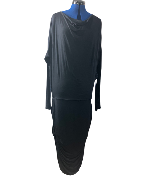Athleta Black Long Sleeve Midi Dress Draped Neckline Ruched Skirt Size XLT