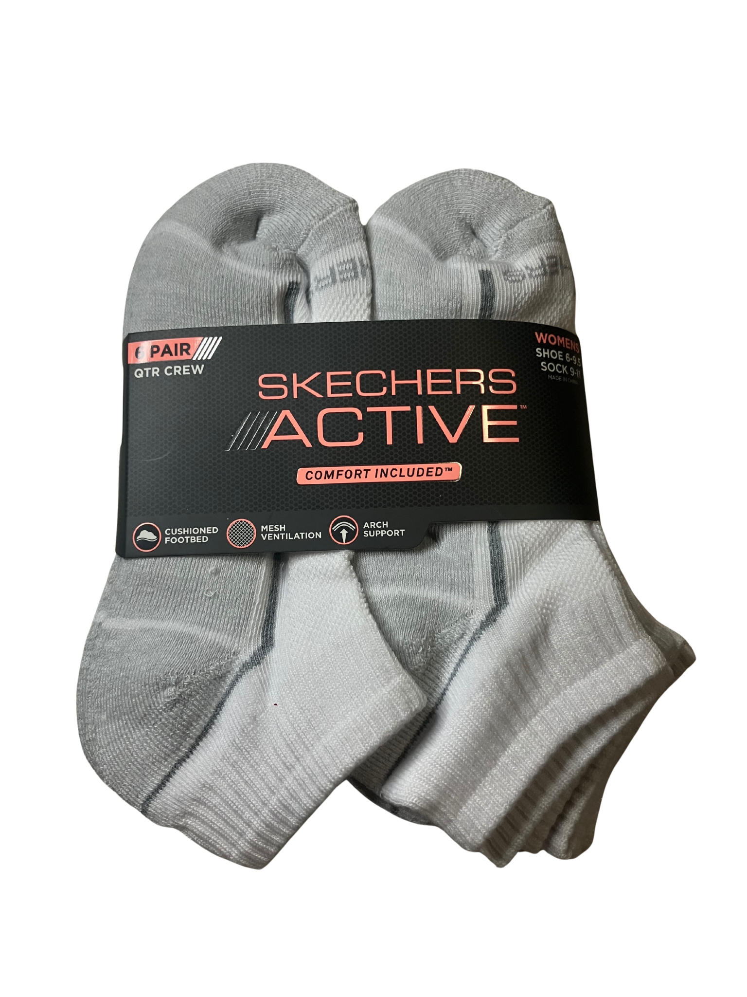 Skechers Active Women's Quarter Crew Socks 6-Pack – Gray Cushioned Arch Support