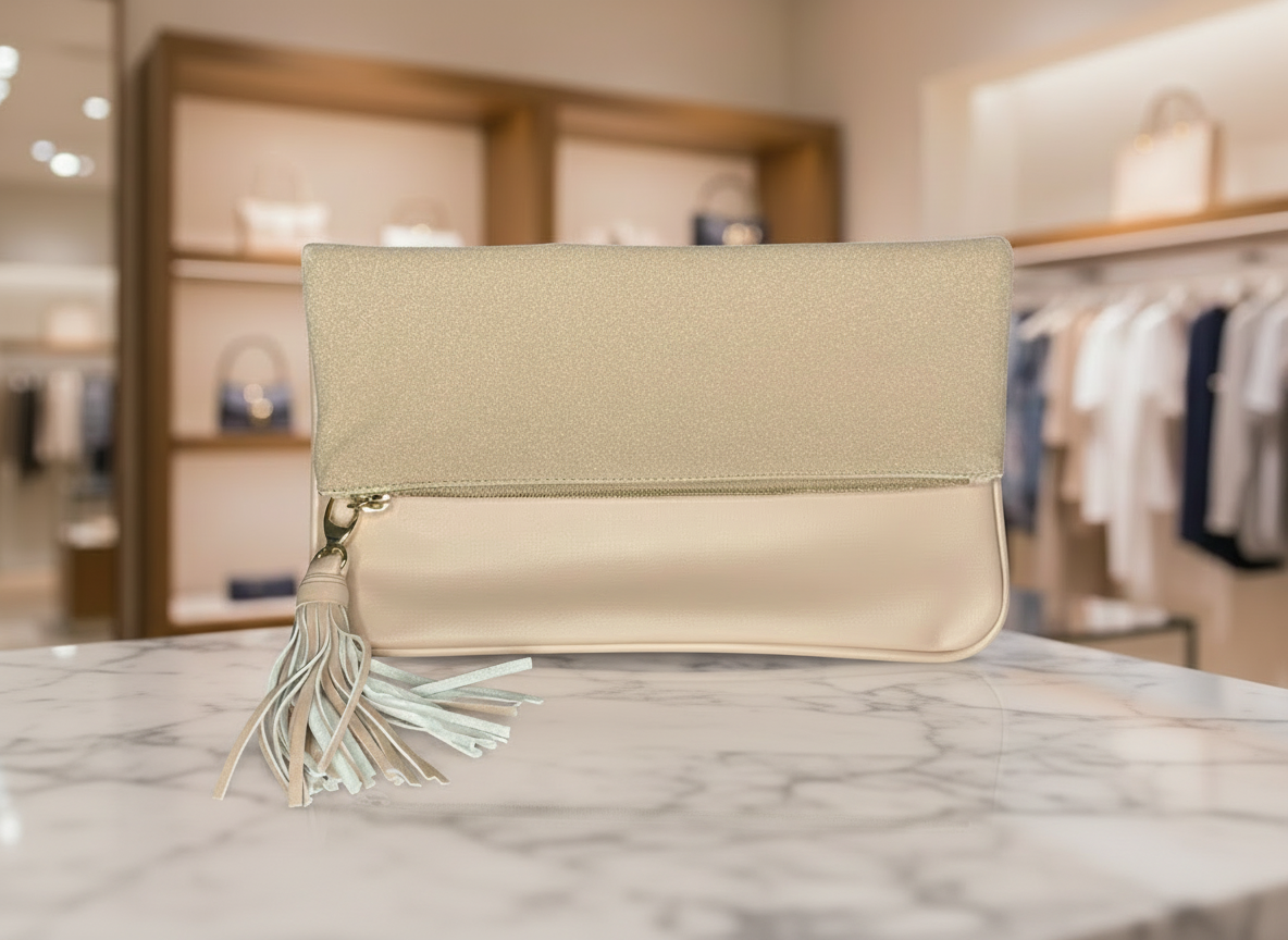 Who What Wear Beige Foldover Clutch – Two-Tone Shimmer with Tassel Detail