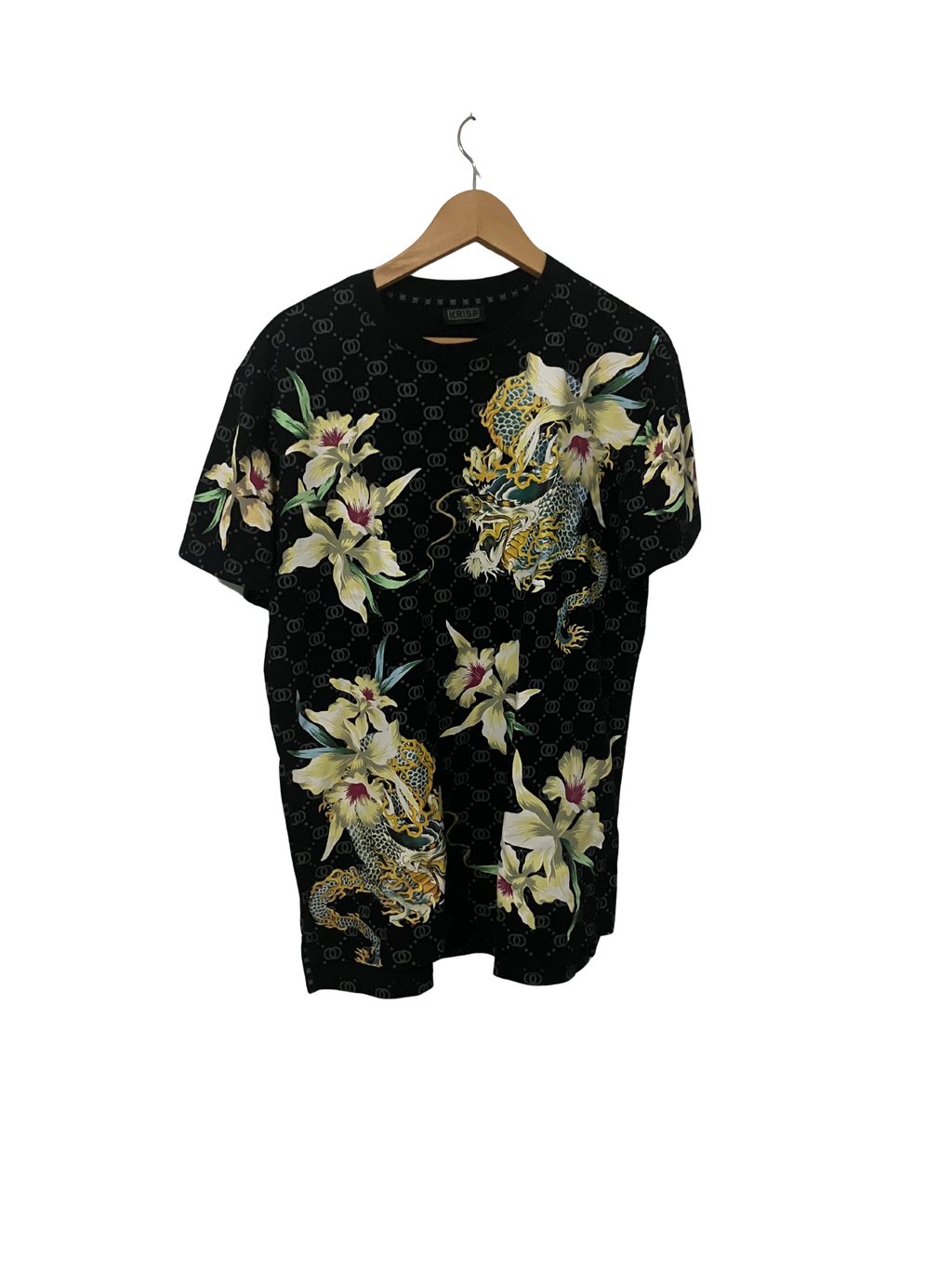 KRISP Designer T-Shirt Black with Golden Dragon & Lily Print