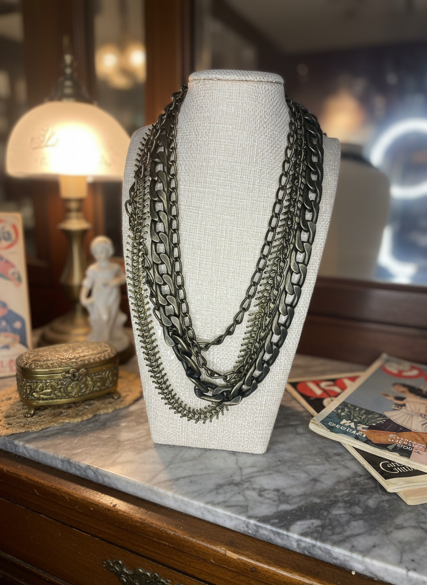 David Aubrey Multi-Layer Statement Necklace Antique Gold Bronze Chains