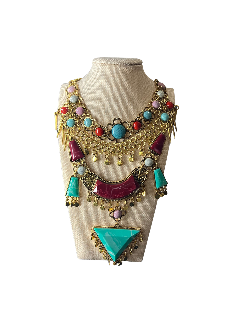 Boho Tribal Statement Necklace Turquoise Coral Multi-Layer Gold Bib