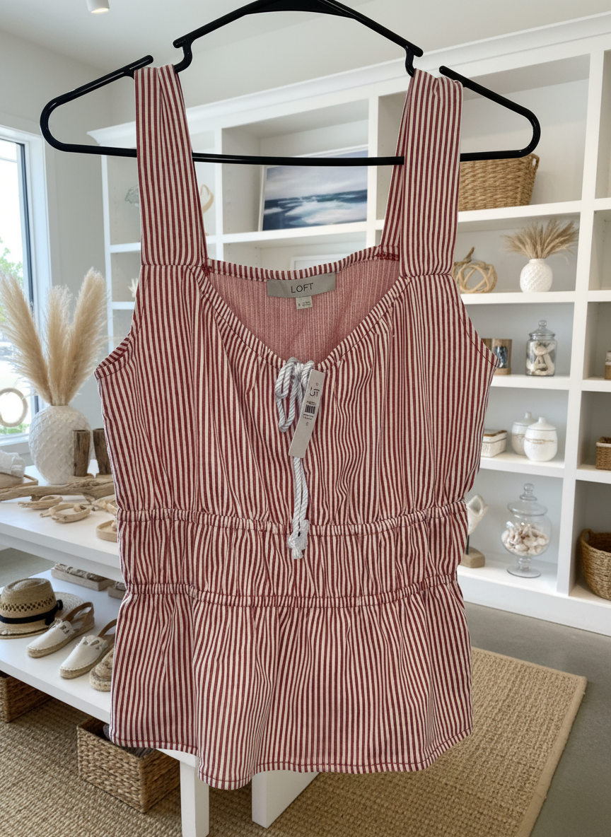 LOFT Red White Striped Sleeveless Top Size M - NWT Nautical Peplum