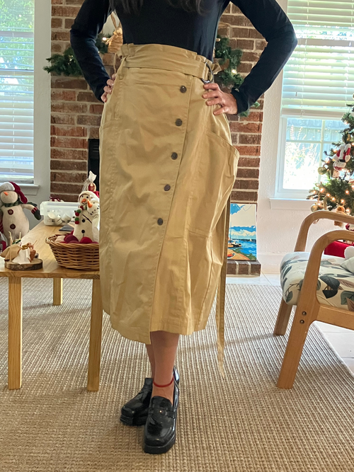 Banana Republic Belted Midi Skirt 16 Khaki Button Front Paperbag Waist NWT