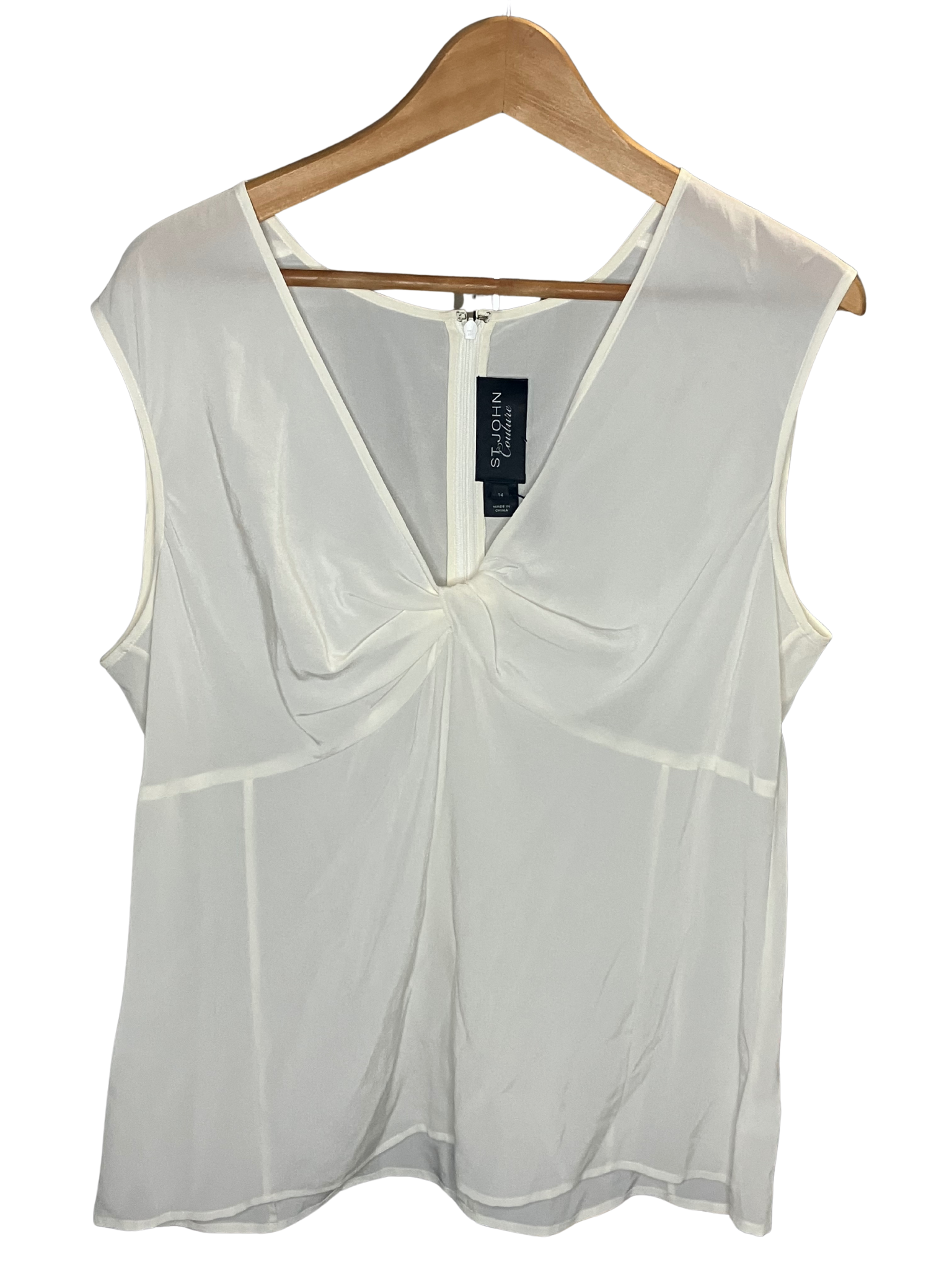 St. John Couture Ivory Silk Draped Twist Front Sleeveless Top Size 14