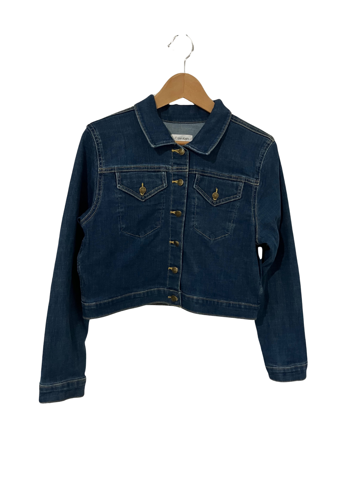 Calvin Klein Women’s Cropped Denim Jacket Blue Stretch Jean Size L