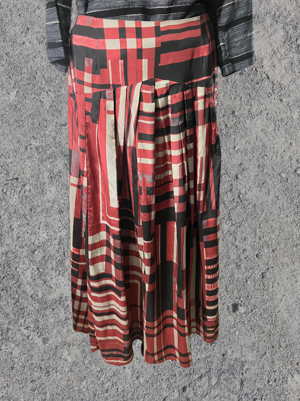 Peruvian Connection — Maxi Skirt | Art Deco geometric print, drop waist · Sz 16