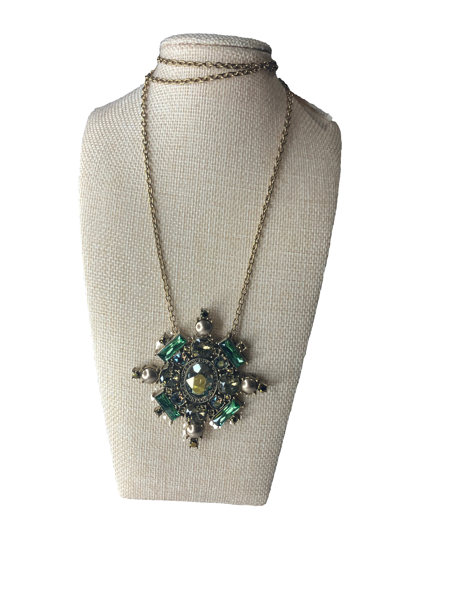 St. John Statement Necklace JWX1643NK Emerald Crystal Pearl Gold Pendant