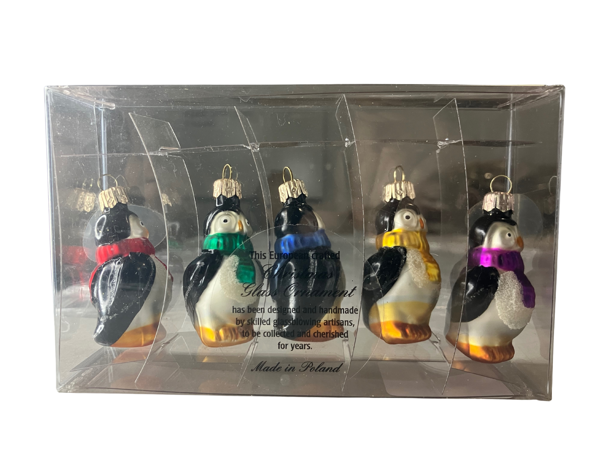 Hand Painted Polish Glass Penguin Ornaments Set of 5 Colorful Scarves Vintage