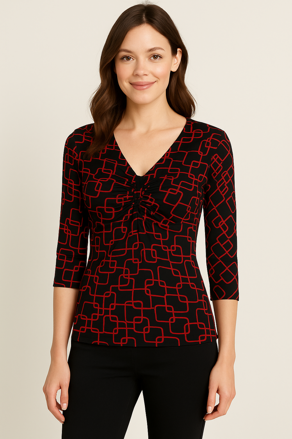 I.N. Studio Petite Black Red Geometric Print V-Neck Top Size P/M Made in USA
