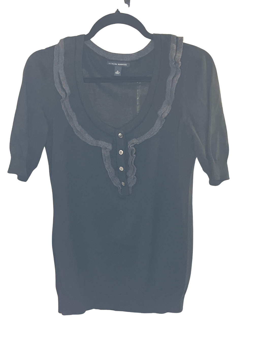 Banana Republic Black Ruffle Collar Knit Top Pima Cotton Wool Blend Size M