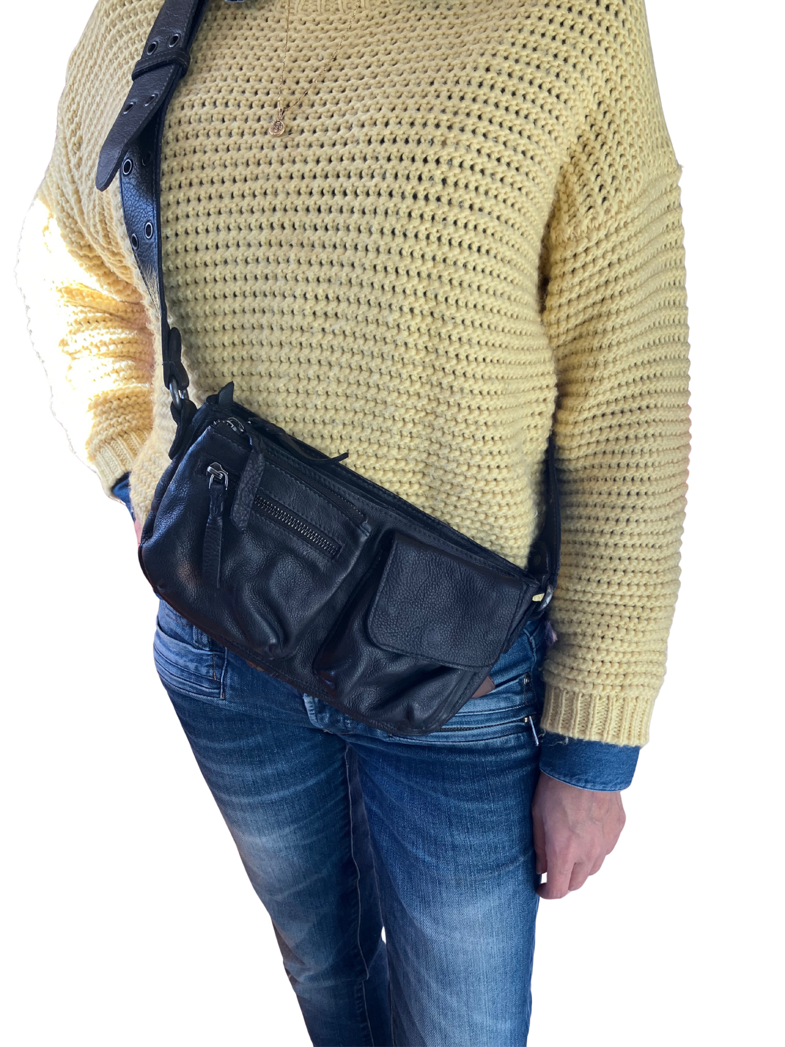 Free People Black Leather Crossbody Belt Bag - Convertible Hybrid Style