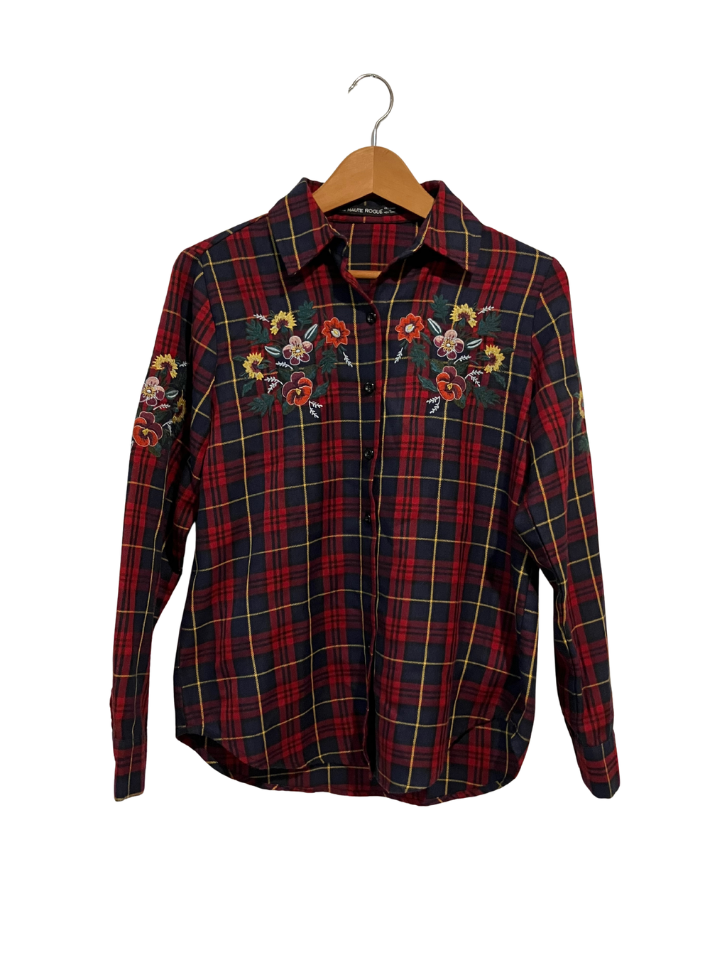 Haute Rogue Embroidered Floral Plaid Button-Up Shirt Size M