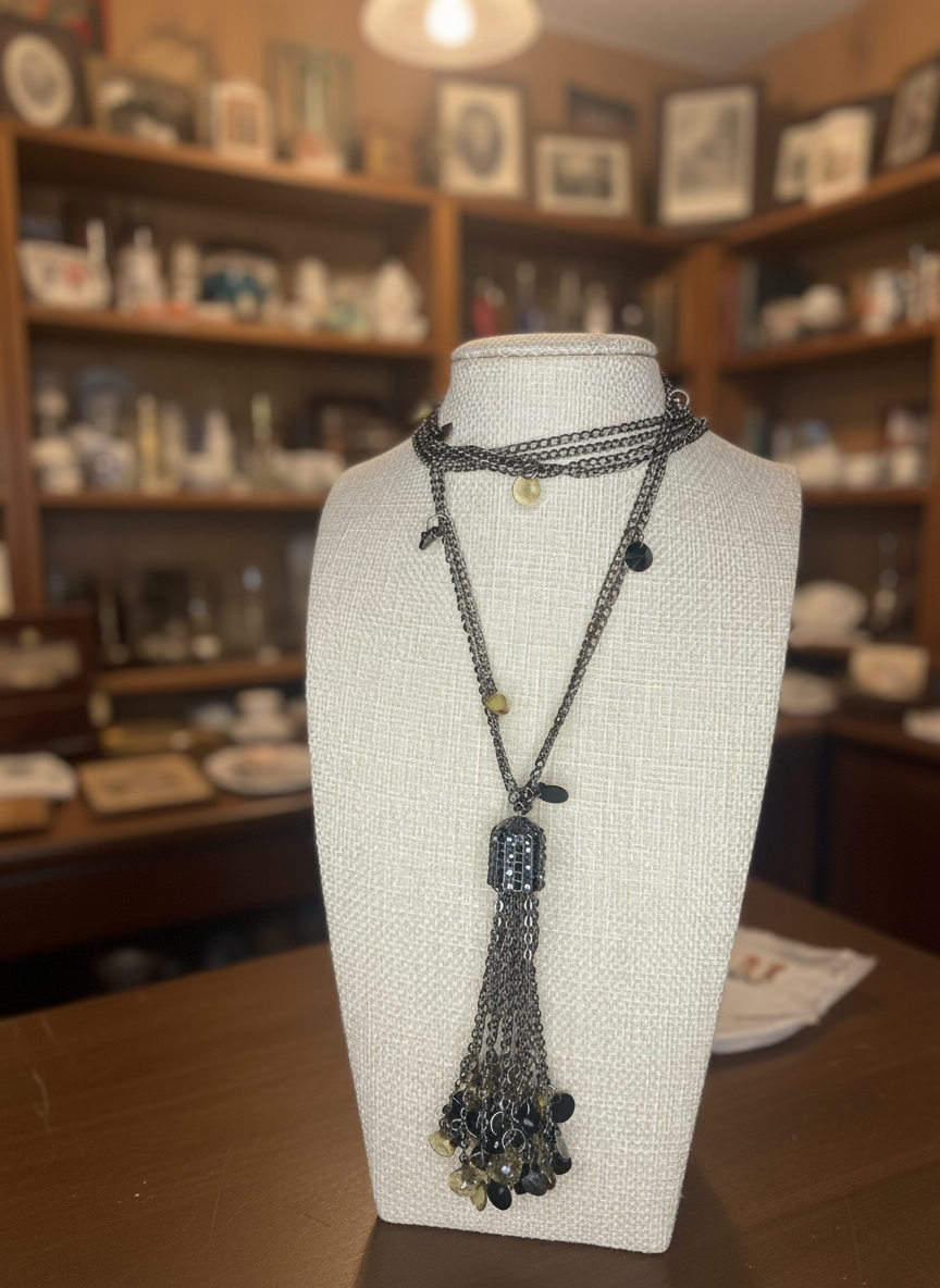 Multi-Layer Tassel Necklace Gunmetal Black Amber Statement Boho Chic