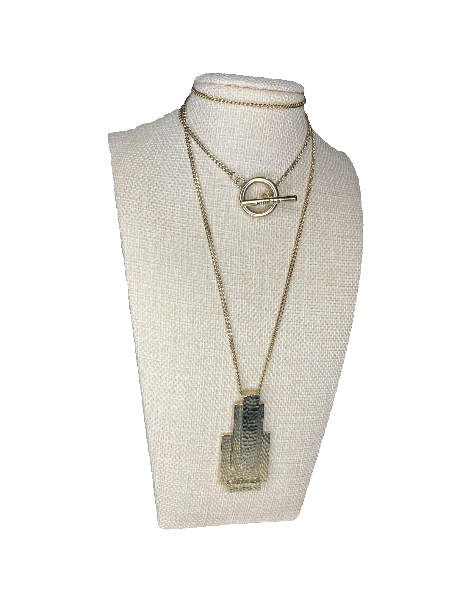 St. John Art Deco Geometric Pendant Necklace Gold-Tone Toggle Clasp