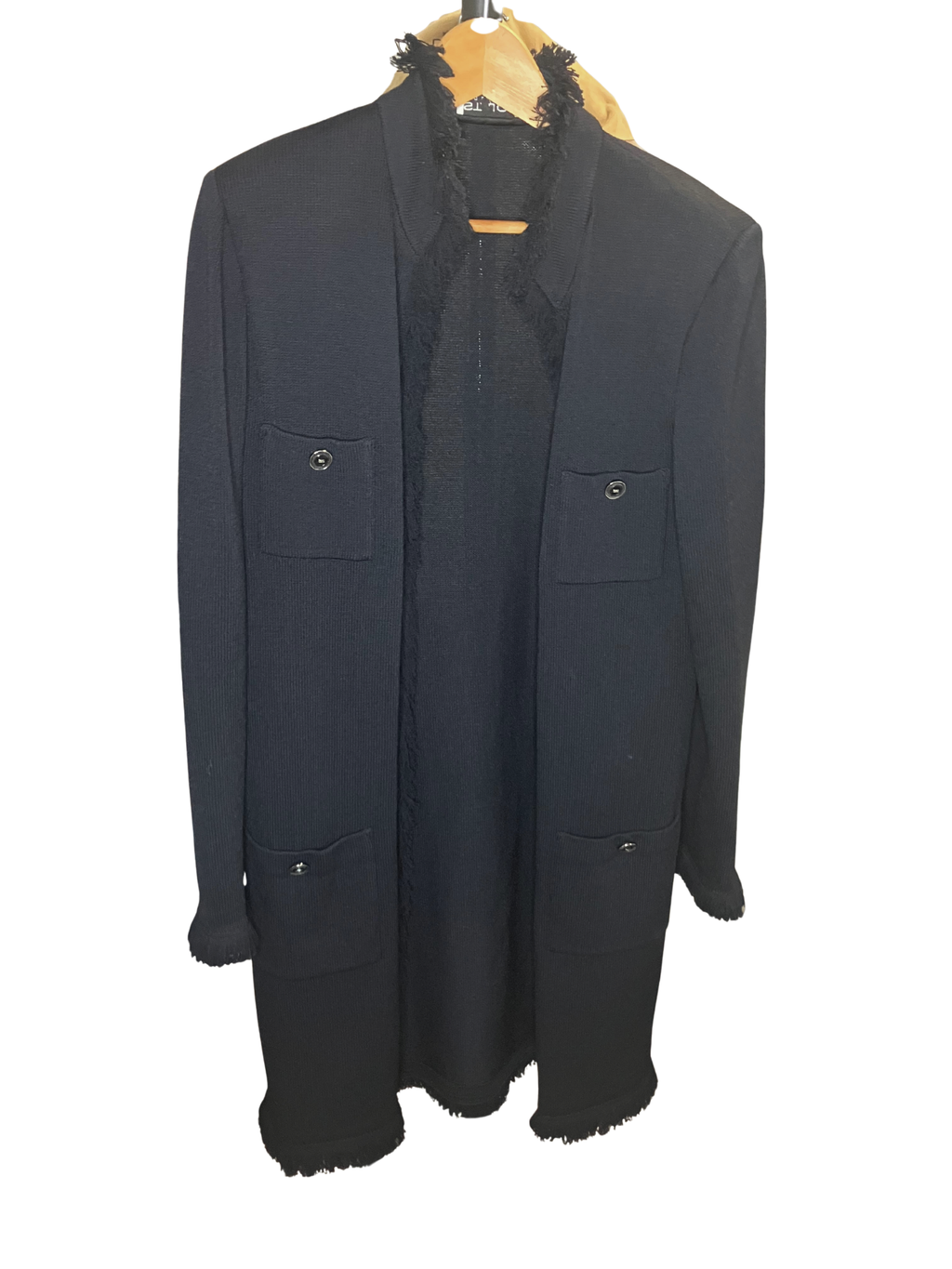 St. John Collection Black Wool Knit Long Coat Fringe Detail Size 0