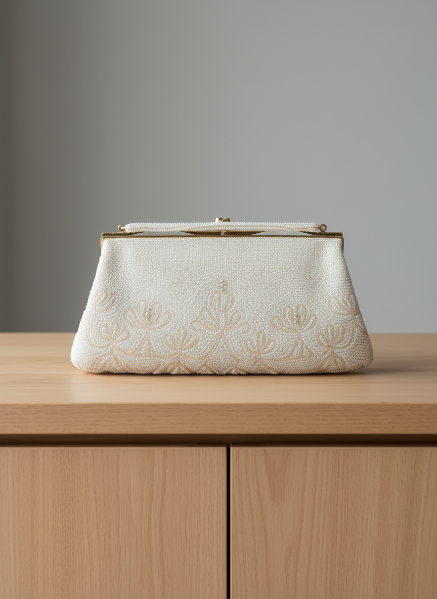 Vintage Beaded Clutch by Dena of Dallas – Ivory Pearl Purse Made in Japan