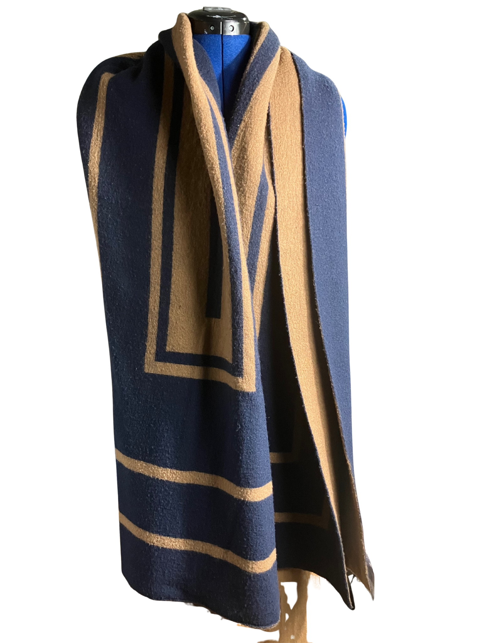 Vince Reversible Navy & Camel Geometric Scarf - Wool Wrap One Size