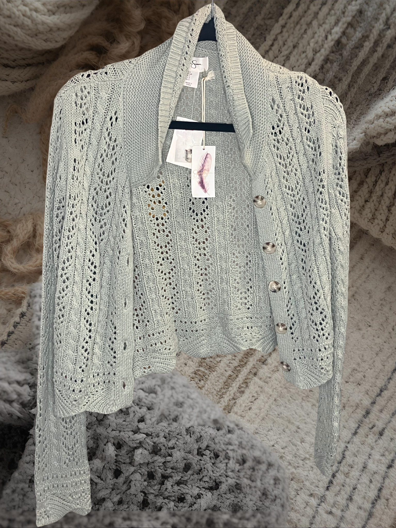 Jessica Simpson Open-Knit Button Front Cardigan–Women’s Size S–Sage Green – NWT