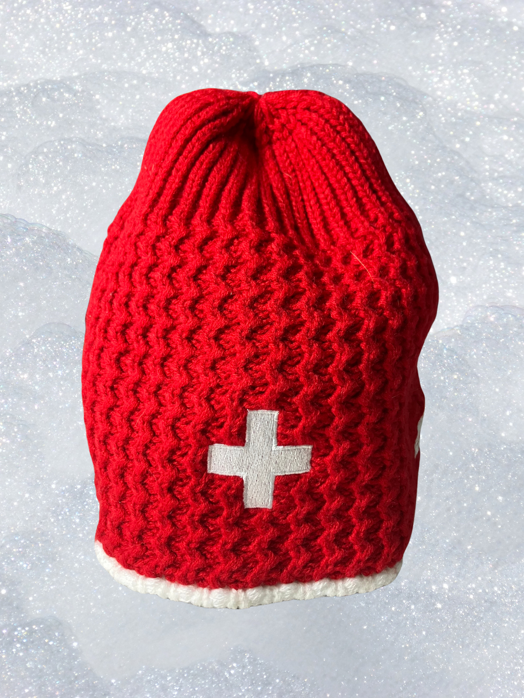 Jungfraujoch — Knit Hat | Swiss cross embroidery, fleece-lined, never worn · Sz OS