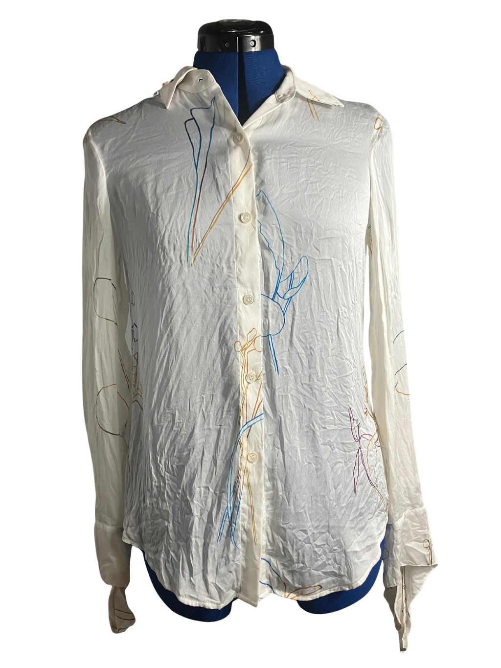 Theory Ivory Silk Abstract Print Blouse - Tie Cuff Button Down Size P