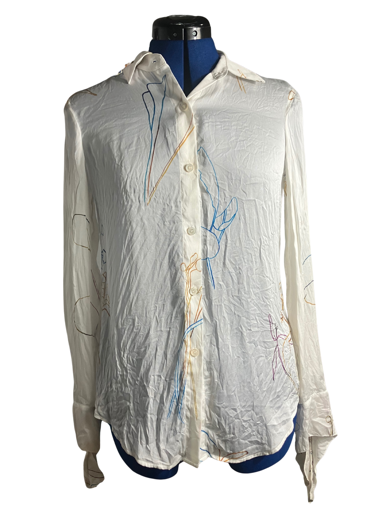 Theory Ivory Silk Abstract Print Blouse - Tie Cuff Button Down Size P