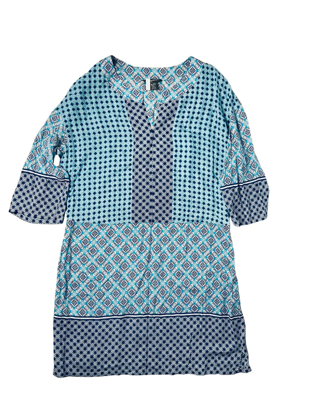 Tommy Bahama — Tunic | Navy & aqua geometric patchwork, 100% rayon · Sz XL