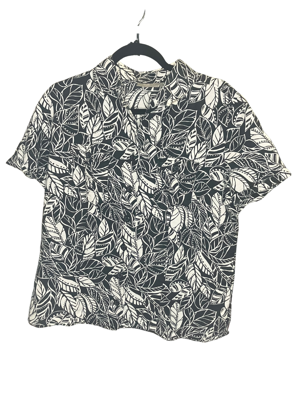 Croft & Barrow Tropical Leaf Print Top Size M Linen Cotton Black White Short
