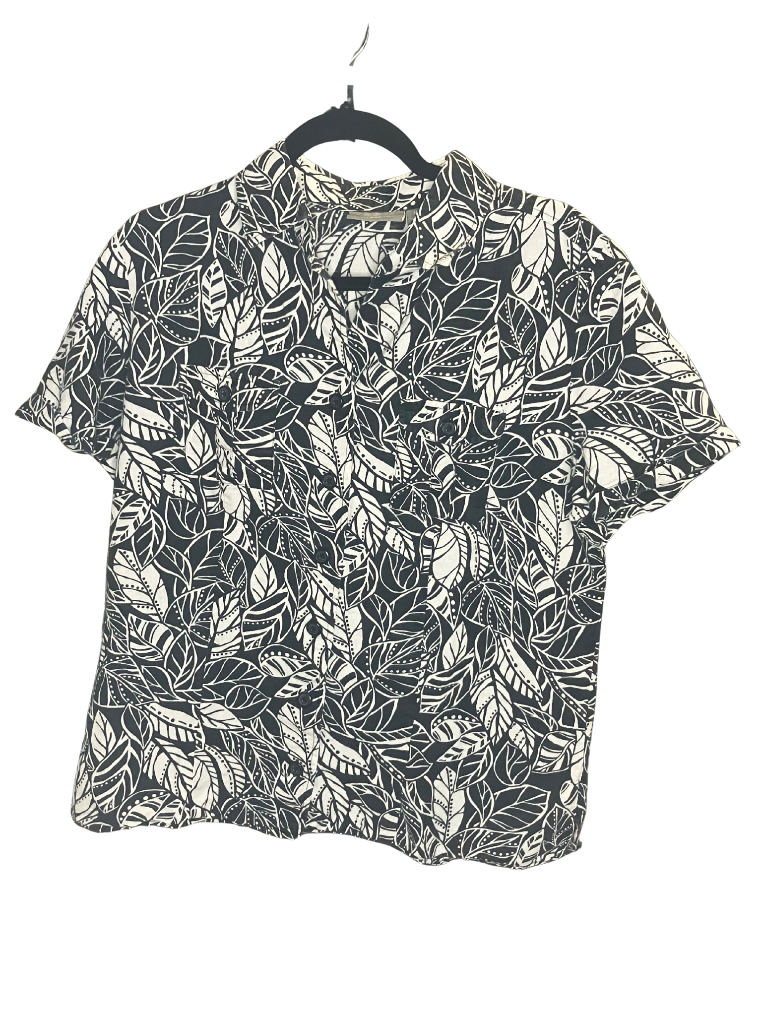 Croft & Barrow Tropical Leaf Print Top Size M Linen Cotton Black White Short