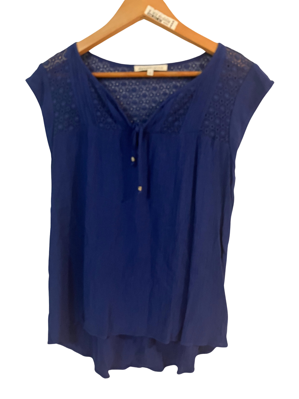 Navy Blue Cap Sleeve Top with Lace Detail - 100% Rayon Casual Blouse
