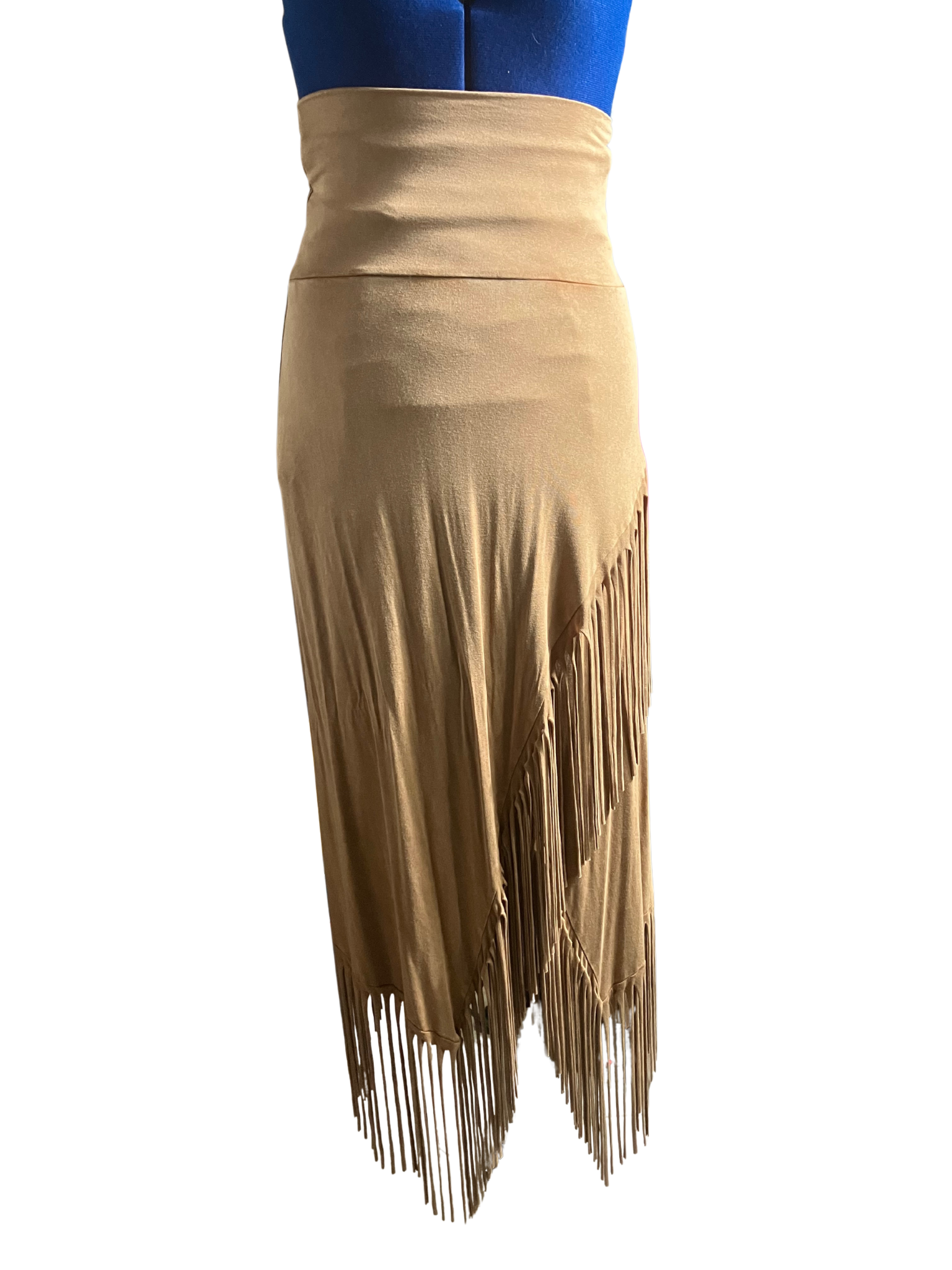 Raya Sun Tan Fringe Skirt - Bohemian High-Waisted Asymmetric Hem Size S