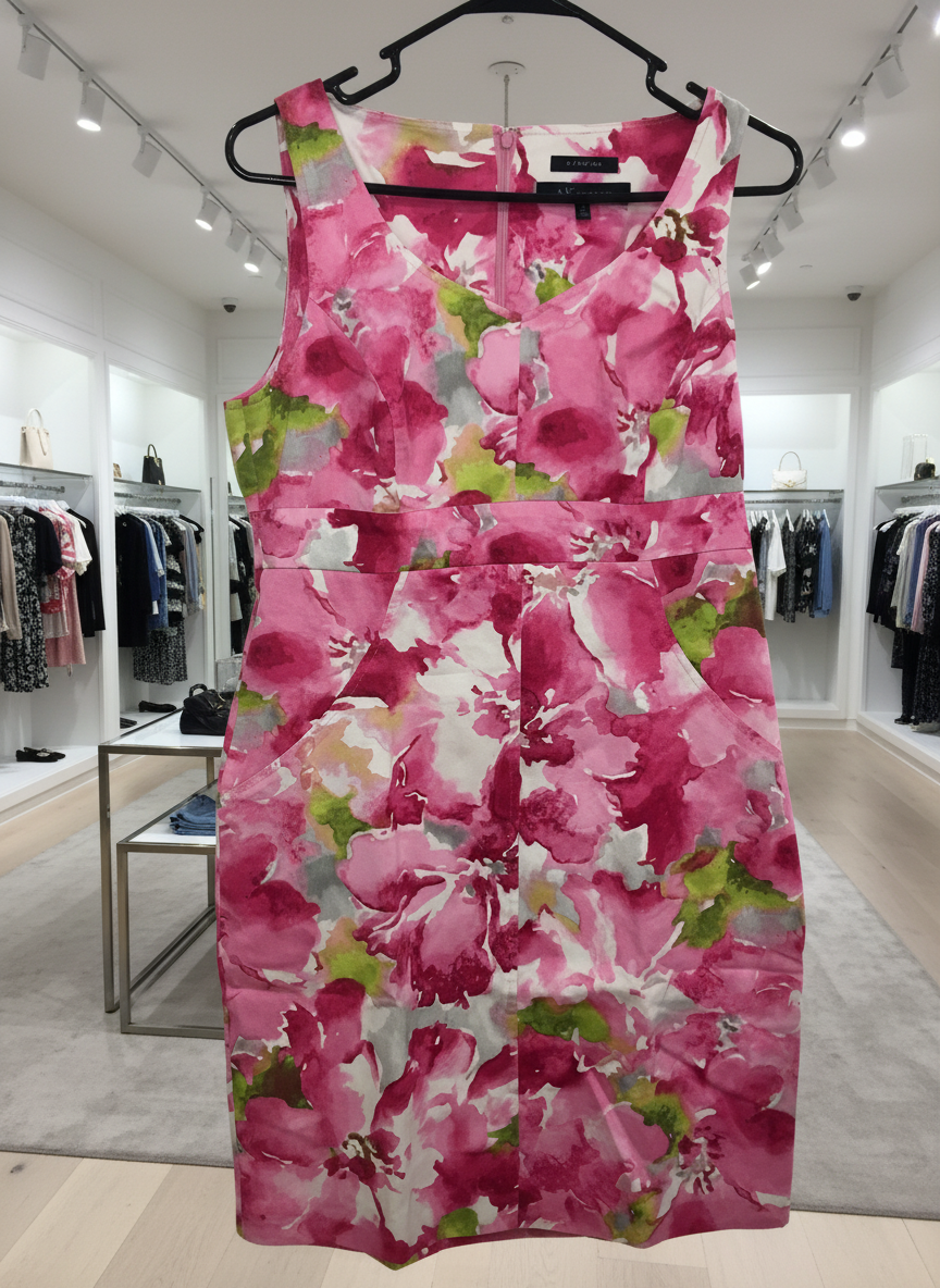 Anne Klein Watercolor Floral Sheath Dress Size 10 - Pink Cotton Stretch