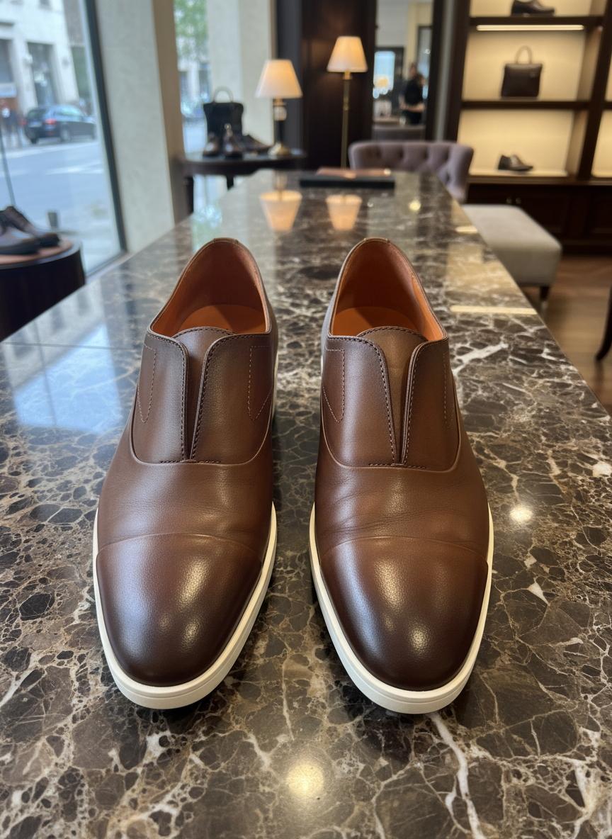 Santoni Made in Italy Brown Patina Leather Slip-On Cupsole Sneakers