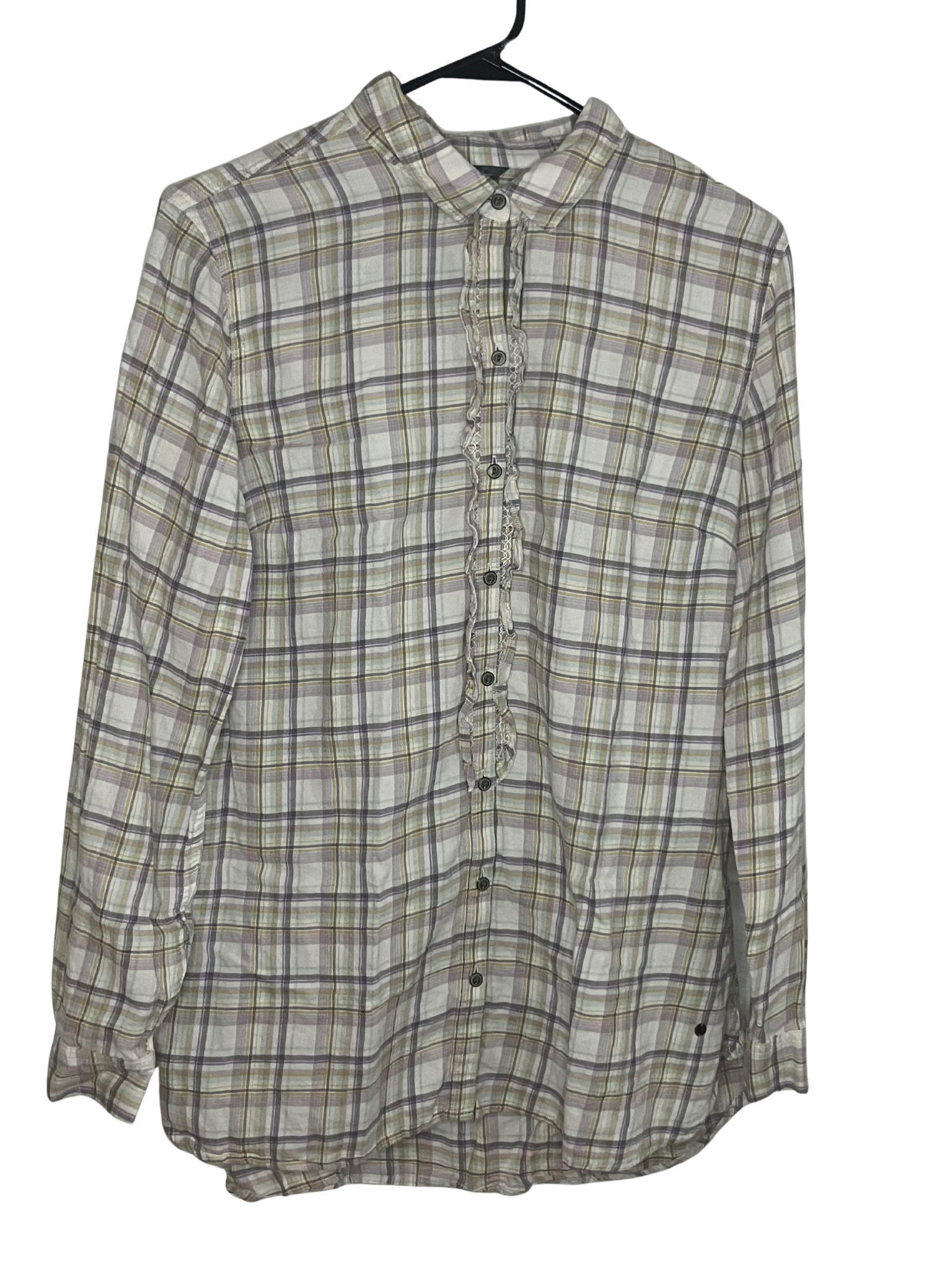 Eddie Bauer Plaid Ruffle Blouse Size L - Green Gray Cotton Roll Tab Sleeves