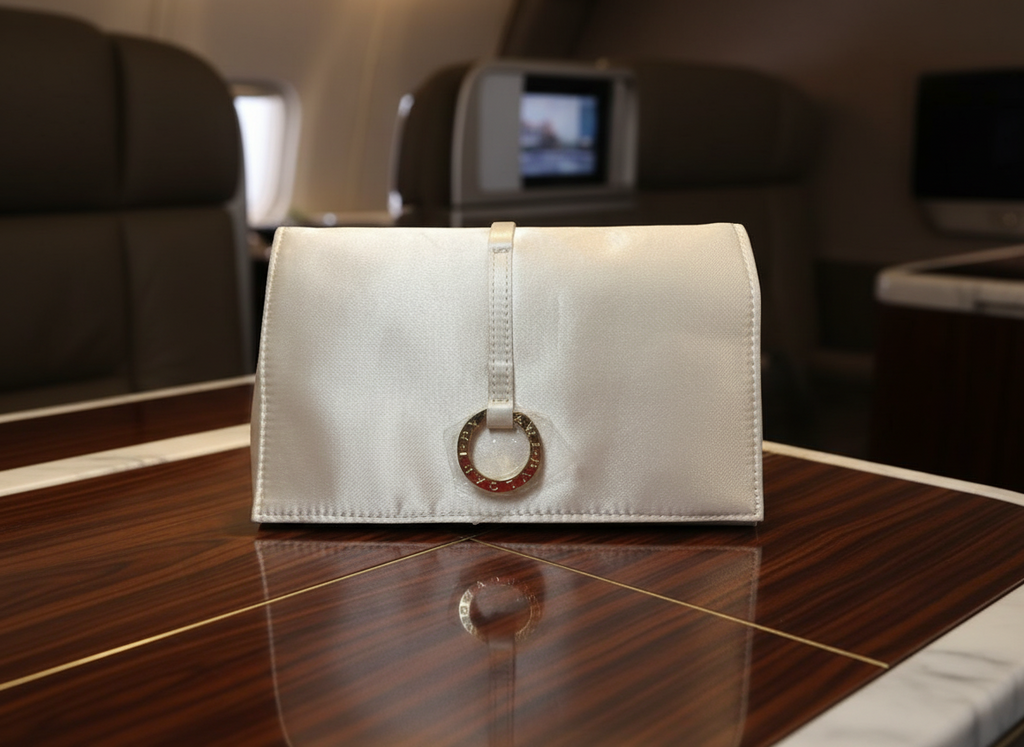 Emirates First Class x BVLGARI Amenity Kit – Cream Satin Cosmetic Clutch